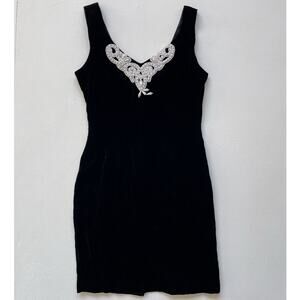 Vtg 90s Black Velvet Sleeveless Pearl Bodycon Cocktail Dress / Sz 7 / Gothic